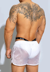 a hot gay man in White Men's See-Thru Strap Shorts - Men's Activewear, gym short, sport shorts, running shorts- pridevoyageshop.com