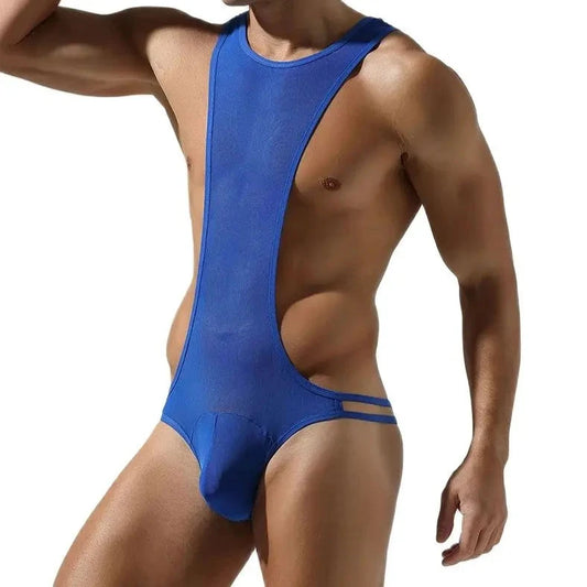 a hot gay man in blue Exhibiting Mesh Thong Bodysuit - Men's Singlets, Bodysuits, Leotard & Unitard - pridevoyageshop.com