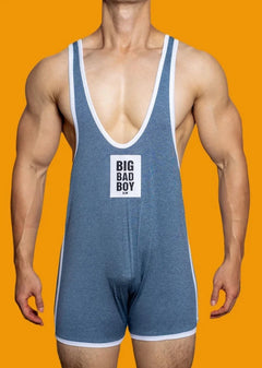 a sexy gay man in blue DM Big Bad Boy Wrestling Singlet - Men's Singlets, Bodysuits, Rompers & Jumpsuits - pridevoyageshop.com
