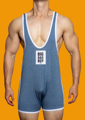 a sexy gay man in blue DM Big Bad Boy Wrestling Singlet - Men's Singlets, Bodysuits, Rompers & Jumpsuits - pridevoyageshop.com