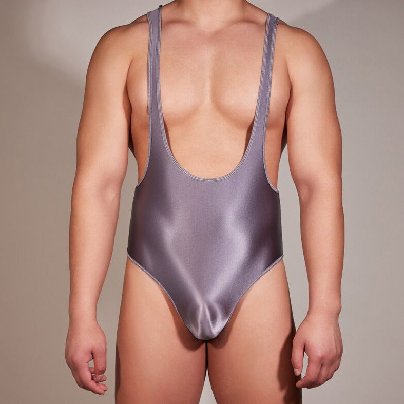 sexy gay man in dark gray Gay Bodysuit and Singlet | Men's Glossy High Elastic Bodysuit - Men's Singlets, Bodysuits, Leotard & Unitard - pridevoyageshop.com