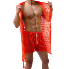 a hot man in orange Lord Hooded Mesh Lounge Robe - pridevoyageshop.com - men's pajamas, men's loungewear, men's sleepwear