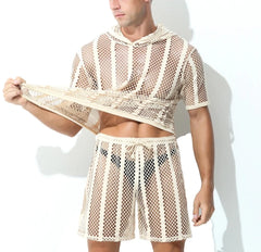 a hot gay man in nude Men's Striped Hoodie Mesh Suit - pridevoyageshop.com - gay men’s underwear and swimwear