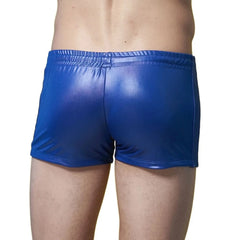a sexy gay man in blue Solid Color Faux Leather Swim Trunks - pridevoyageshop.com - gay men’s underwear and swimwear