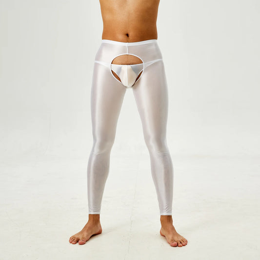 Tap Here Wet-Look Crotchless Leggings for Gay Men