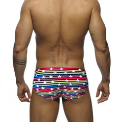 a hot gay man in Men's Rainbow Star Striped Swim Briefs - pridevoyageshop.com - gay men’s underwear and swimwear