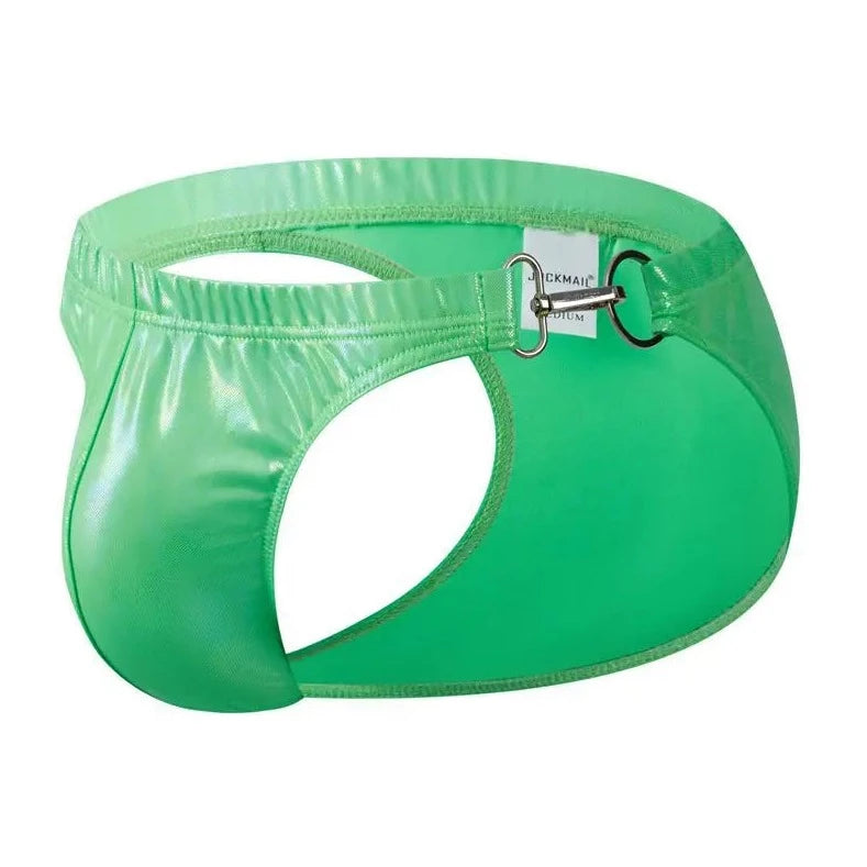 Fluorescent Green Men's Faux Leather Metal Clipper Swim Briefs - pridevoyageshop.com - gay men’s underwear and swimwear