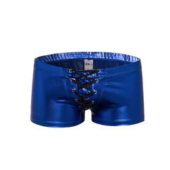 blue Shiny Metallic Faux Leather Swim Trunks - pridevoyageshop.com - gay men’s underwear and swimwear