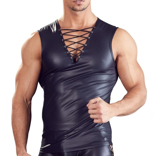 front of 2023 Gay Men's Fashion: Black Leather Deep V Neck Muscle Shirt- pridevoyageshop.com - gay men’s harness, lingerie and fetish wear