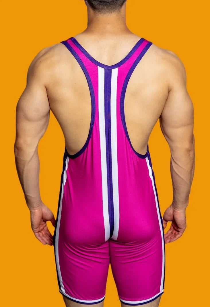 a hot gay man in Rose Red DM Striped Wrestling Singlet - Men's Singlets, Bodysuits, Rompers & Jumpsuits - pridevoyageshop.com