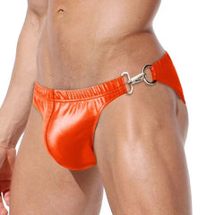 a hot gay man in orange Men's Faux Leather Metal Clipper Swim Briefs - pridevoyageshop.com - gay men’s underwear and swimwear