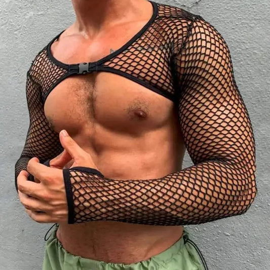 a hot gay guy in Men's See Through Fishnet Long Sleeve Crop Top | Gay Crop Tops - pridevoyageshop.com - gay crop tops, gay casual clothes and gay clothes store