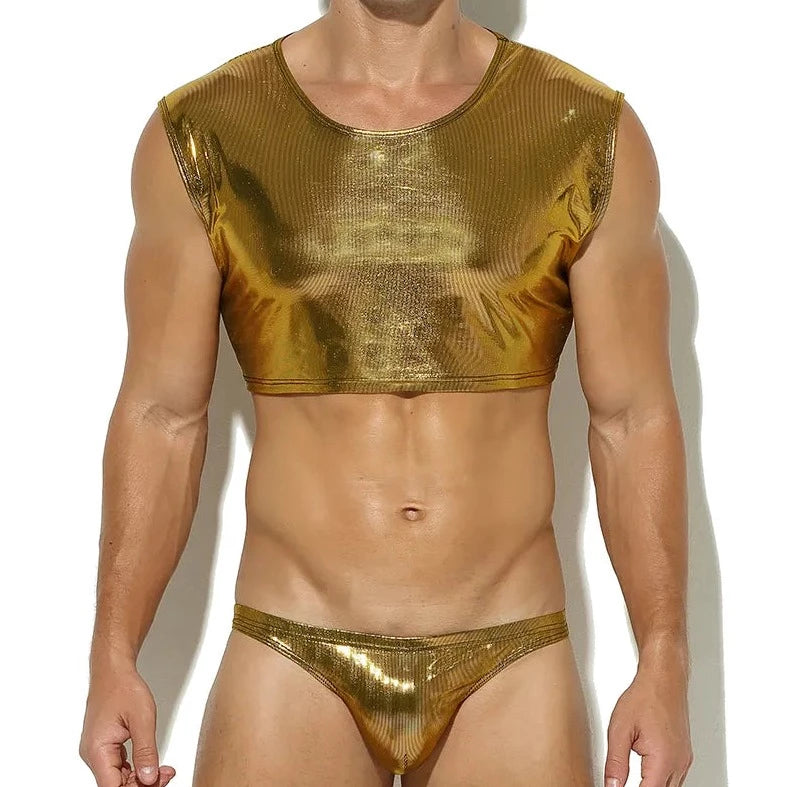 a hot gay man in gold Metallic Stage Star Sleeveless Crop Top & Briefs | Gay Clubwear - pridevoyageshop.com - gay crop tops, gay casual clothes and gay clothes store