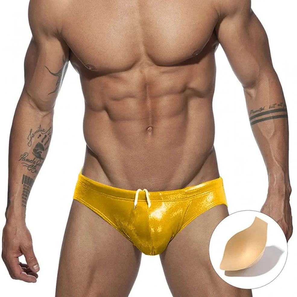 a hot gay man in yellow Glide Metallic Swim Briefs - pridevoyageshop.com - gay men’s underwear and swimwear