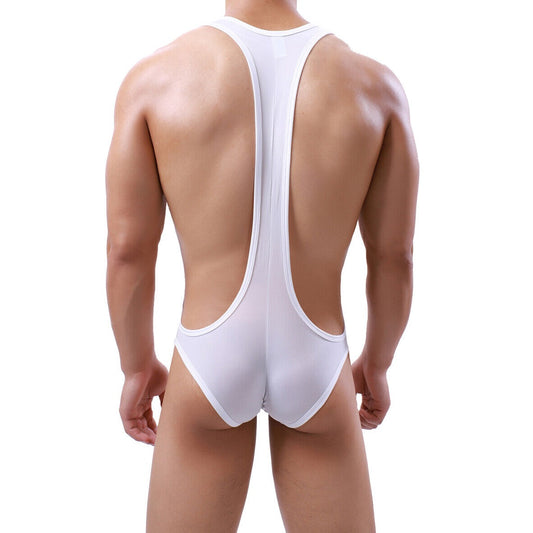 sexy gay man in white Gay Singlet and Bodysuit | Solid Show Pecs Brief Singlet - Men's Singlets, Bodysuits, Leotard & Unitard - pridevoyageshop.com