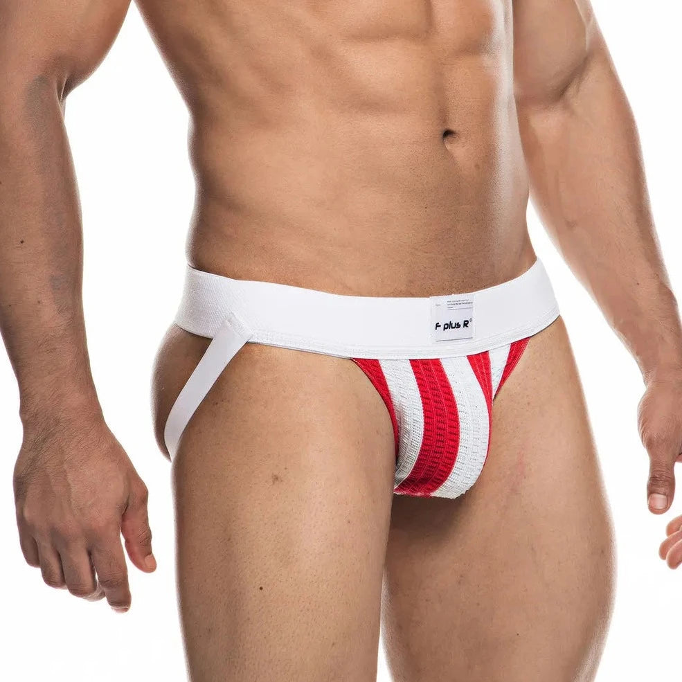 a sexy gay man in red Athletic Stripe Jockstraps - pridevoyageshop.com - gay men’s underwear and swimwear