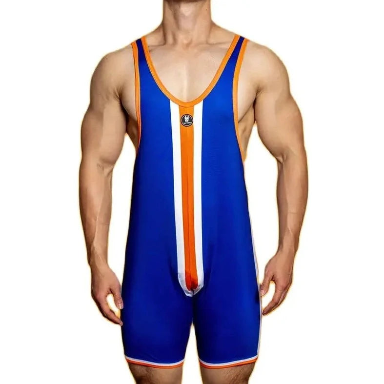 a hot gay man in blue DM Striped Wrestling Singlet - Men's Singlets, Bodysuits, Rompers & Jumpsuits - pridevoyageshop.com