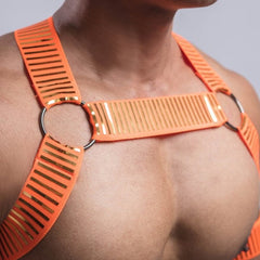 Details of Orange Reflective Gay Chest Harness: Sexy Clubwear- pridevoyageshop.com - gay men’s harness, lingerie and fetish wear