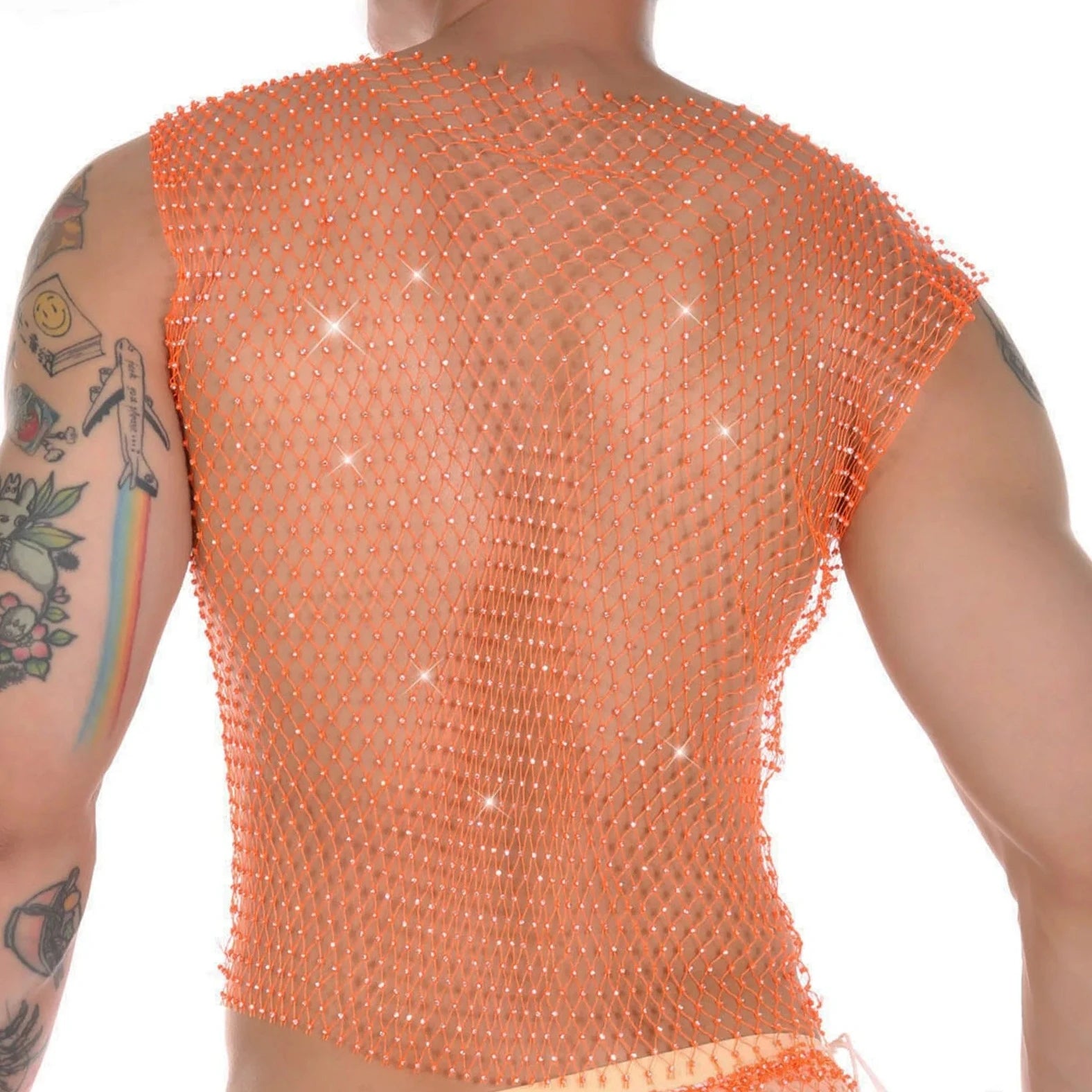 a hot gay man in orange Mens Rhinestone Shiny Mesh Tank Top - pridevoyageshop.com - gay costumes, men role play outfits, gay party costumes and gay rave outfits