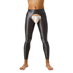 Tap Here Wet-Look Crotchless Leggings for Gay Men