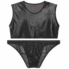 black Metallic Stage Star Sleeveless Crop Top & Briefs | Gay Clubwear - pridevoyageshop.com - gay crop tops, gay casual clothes and gay clothes store