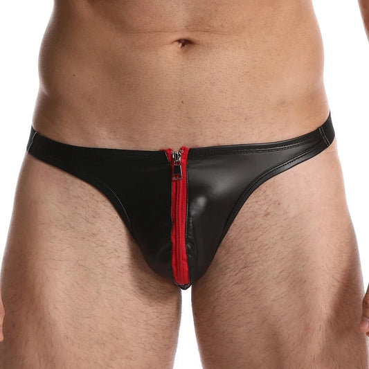 a hot gay man in red Daddy's Faux Leather Zipper Thong - pridevoyageshop.com - gay men’s underwear and swimwear