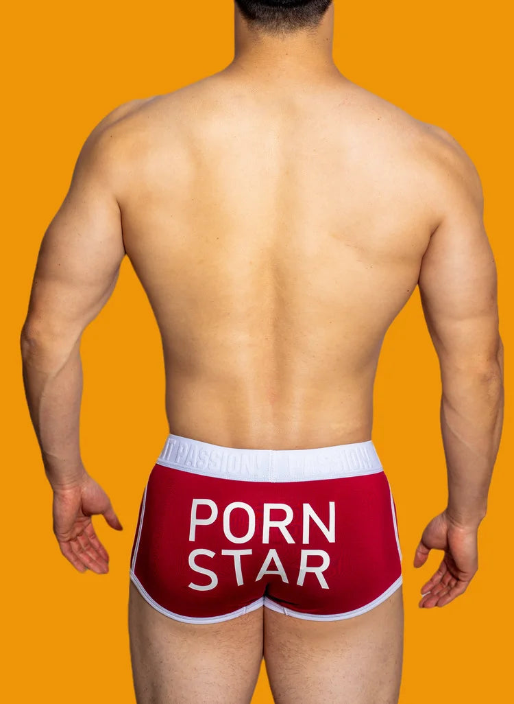 a sexy gay man in burgundy DM Porn Star Pride Boxer Briefs - pridevoyageshop.com - gay men’s underwear and swimwear