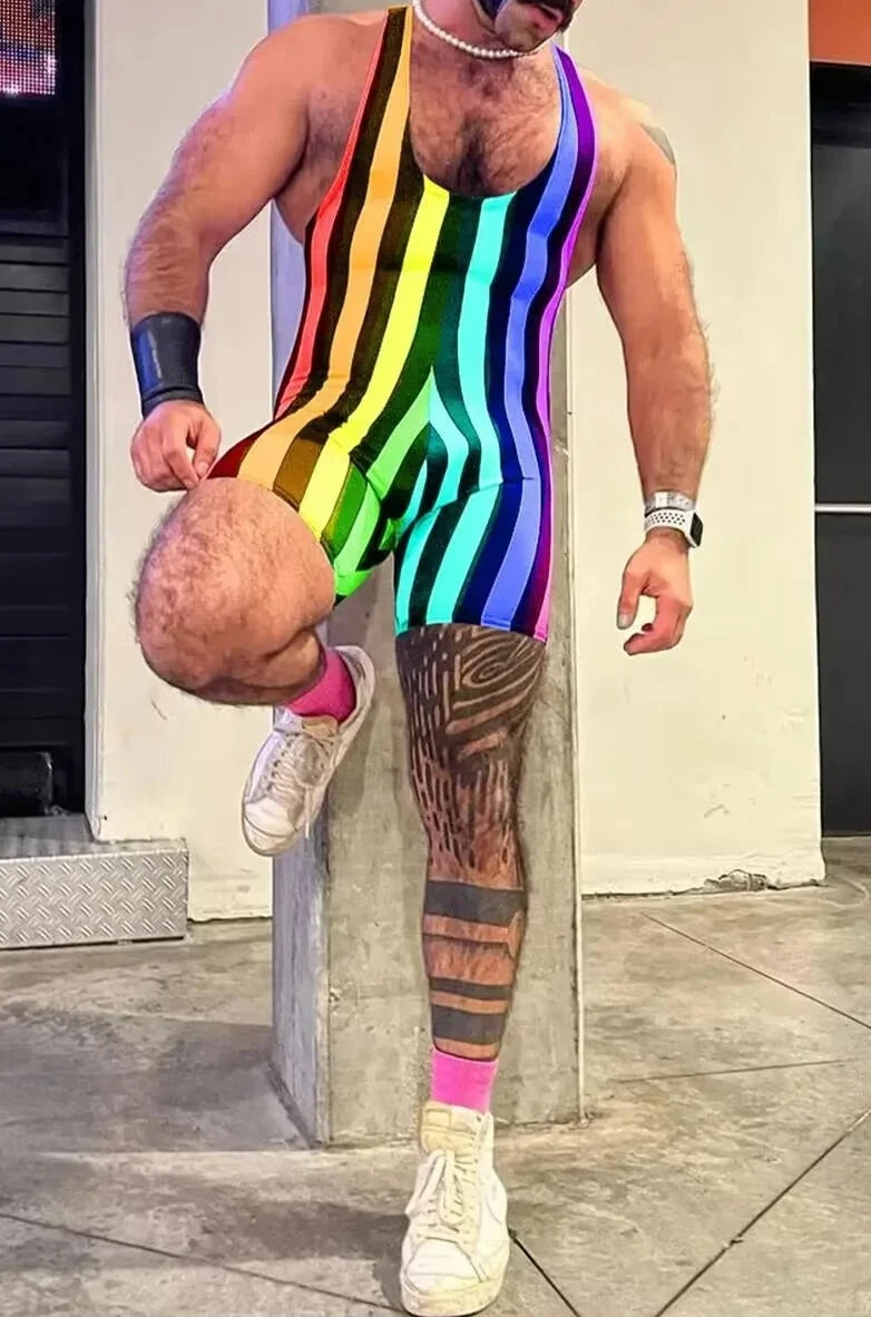 a hot gay man in rainbow Retro stripes U-Neck Romper Singlets - Men's Singlets, Bodysuits, Rompers & Jumpsuits - pridevoyageshop.com