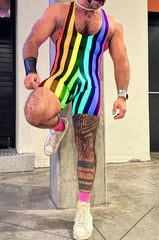 a hot gay man in rainbow Retro stripes U-Neck Romper Singlets - Men's Singlets, Bodysuits, Rompers & Jumpsuits - pridevoyageshop.com