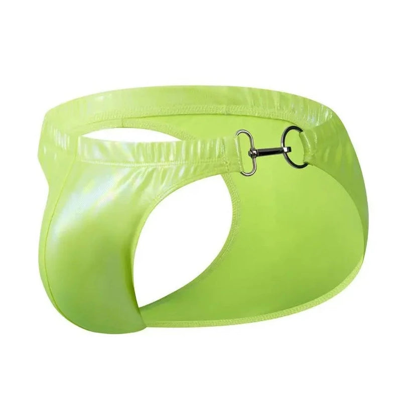 Neon Yellow Men's Faux Leather Metal Clipper Swim Briefs - pridevoyageshop.com - gay men’s underwear and swimwear