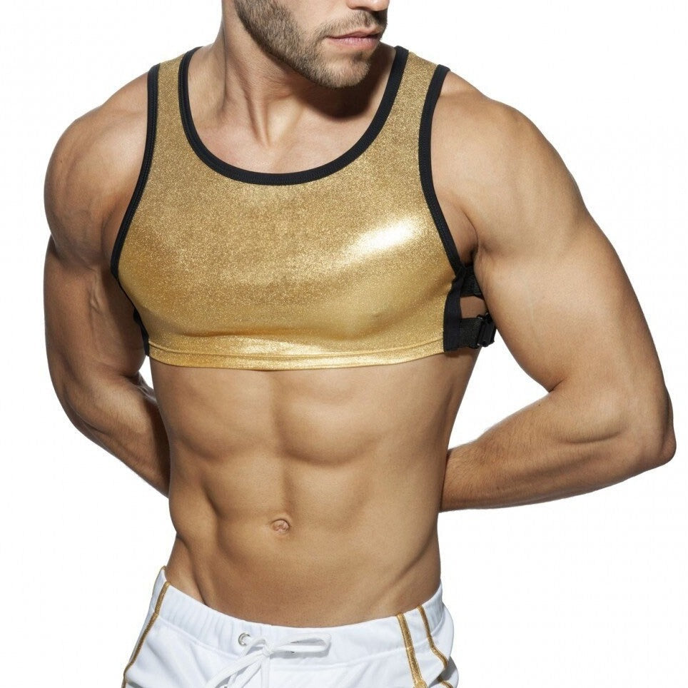 sexy gay man in gold Men's Metallic Chest Harness | Gay Harness- pridevoyageshop.com - gay men’s harness, lingerie and fetish wear