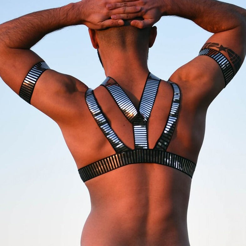 Back of Futuristic Men's Chest Harness: Sexy Gay Clubbing Outfits and Lingerie- pridevoyageshop.com - gay men’s harness, lingerie and fetish wear