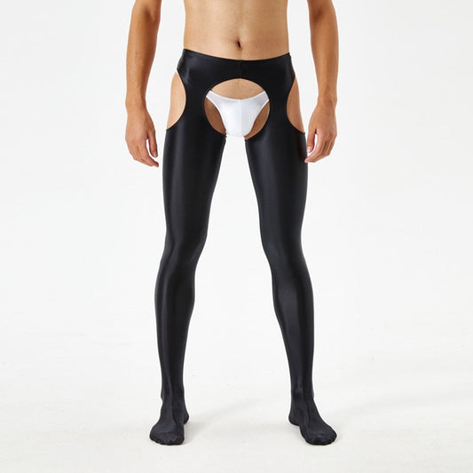 sexy gay man in black Men's Shiny Metallic Crotchless Pantyhose | Gay Lingerie - pridevoyageshop.com - gay men’s bodystocking, lingerie, fishnet and fetish wear