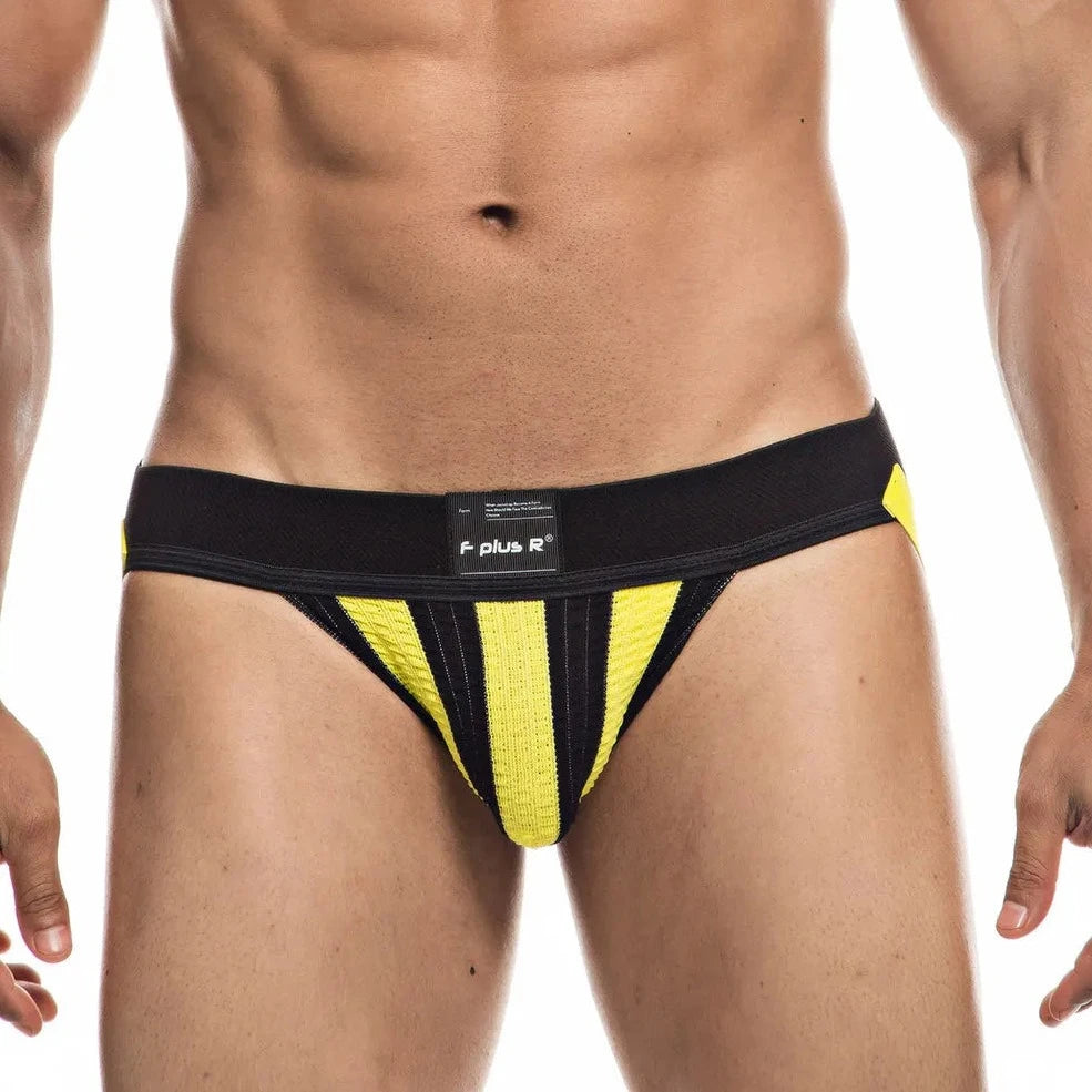 a sexy gay man in yellow Athletic Stripe Jockstraps - pridevoyageshop.com - gay men’s underwear and swimwear