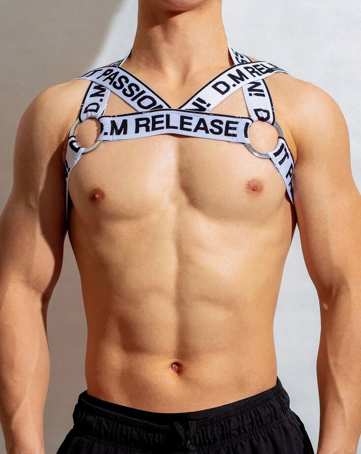 sexy gay man in white DM Men's Release O-Ring Chest Harness | Gay Harness- pridevoyageshop.com - gay men’s harness, lingerie and fetish wear