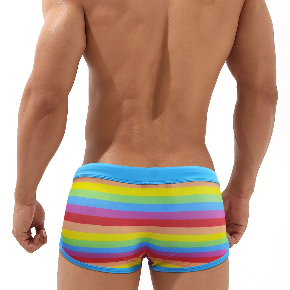 hot gay man in Gay Swimwear | Gay Men's Rainbow Drawstring Swim Trunks - pridevoyageshop.com - gay men’s underwear and swimwear