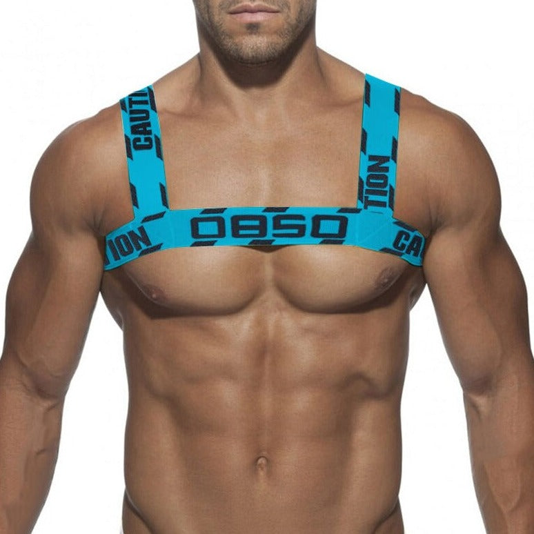 front of blue Letter Elastic Chest Harness: Men's Clubwear and Sexy Gay Lingerie- pridevoyageshop.com - gay men’s harness, lingerie and fetish wear