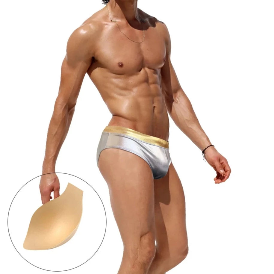 a hot gay man in silver Men's Liquid Metallic Swim Briefs - pridevoyageshop.com - gay men’s underwear and swimwear
