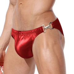 a hot gay man in red Men's Faux Leather Metal Clipper Swim Briefs - pridevoyageshop.com - gay men’s underwear and swimwear