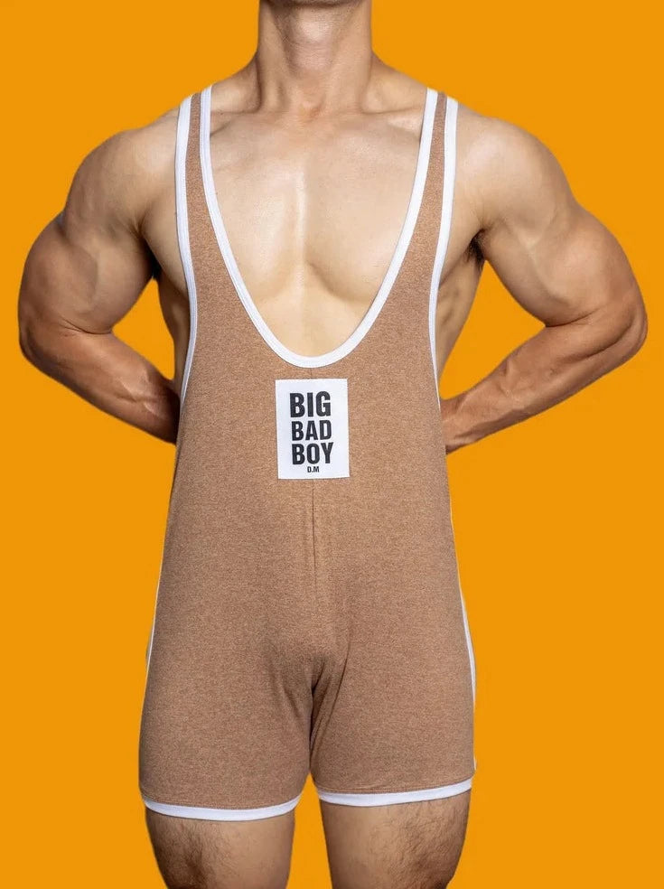 a sexy gay man in champagne DM Big Bad Boy Wrestling Singlet - Men's Singlets, Bodysuits, Rompers & Jumpsuits - pridevoyageshop.com