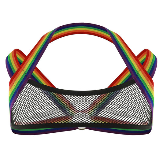 Black Rainbow Elastic Mesh Harness: Premium Men's Clubwear and Lingerie- pridevoyageshop.com - gay men’s harness, lingerie and fetish wear