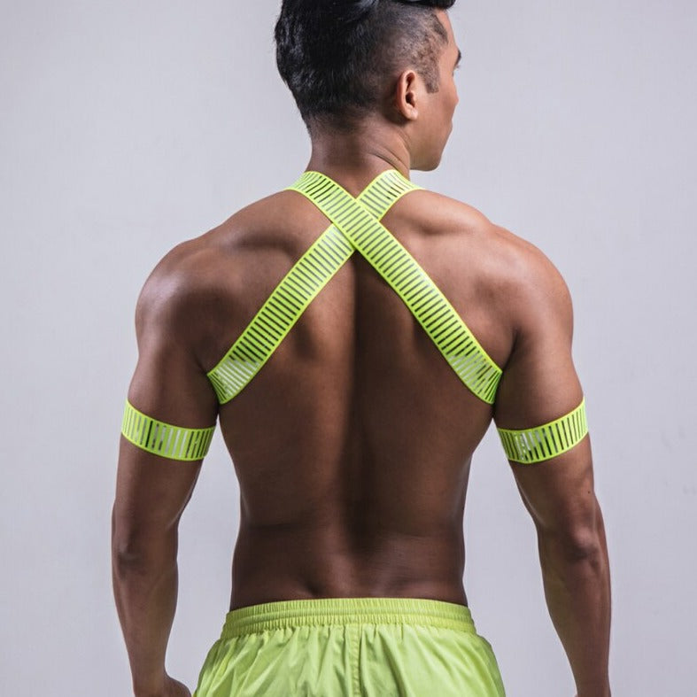 Back of Green Reflective Gay Chest Harness: Sexy Clubwear- pridevoyageshop.com - gay men’s harness, lingerie and fetish wear