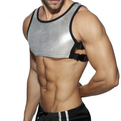 sexy gay man in silver gold Men's Metallic Chest Harness | Gay Harness- pridevoyageshop.com - gay men’s harness, lingerie and fetish wear