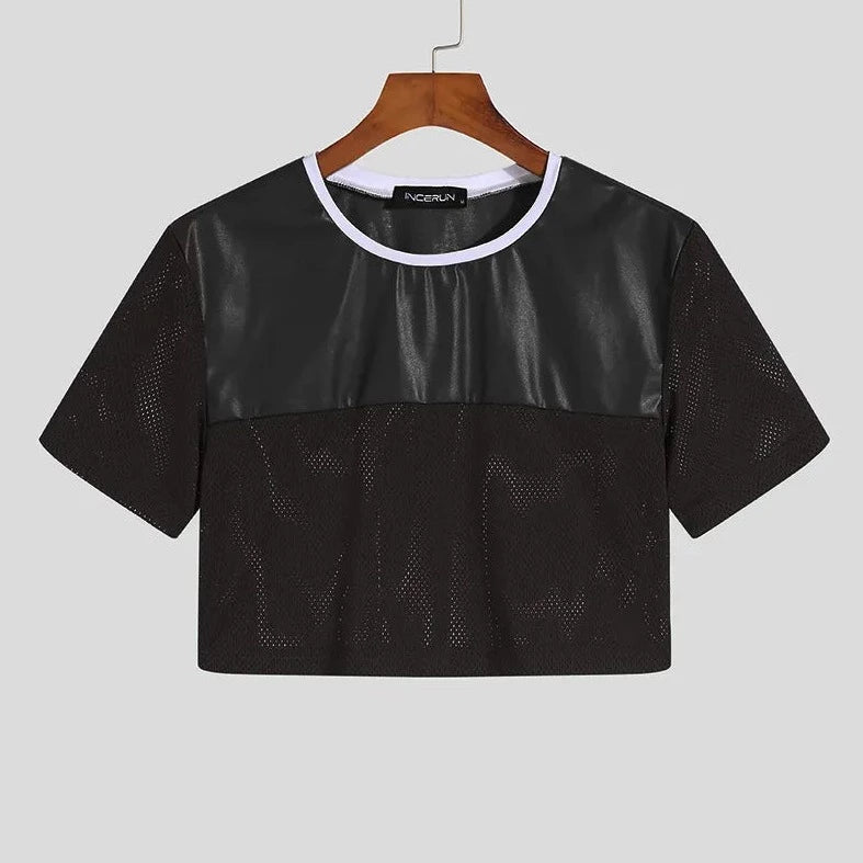 black Gay Fashion PU Leather Mesh Crop Tops | Gay Crop Tops & Clubwear - pridevoyageshop.com - gay crop tops, gay casual clothes and gay clothes store