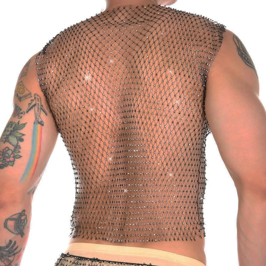a hot gay man in black Mens Rhinestone Shiny Mesh Tank Top - pridevoyageshop.com - gay costumes, men role play outfits, gay party costumes and gay rave outfits