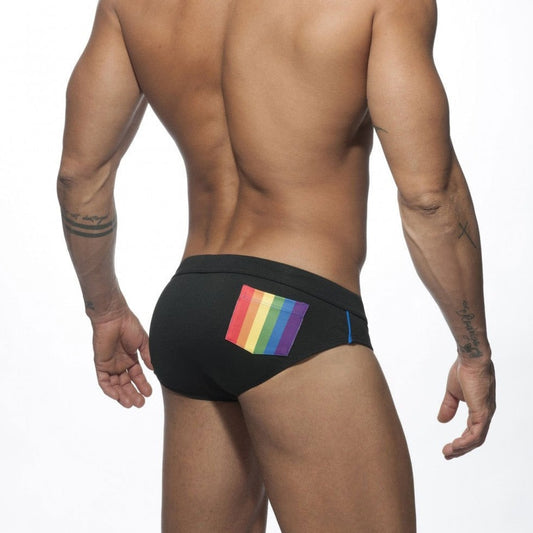 Black Men's Swim Wear: Swim Briefs with Rainbow Pocket - pridevoyageshop.com - gay men’s underwear and swimwear