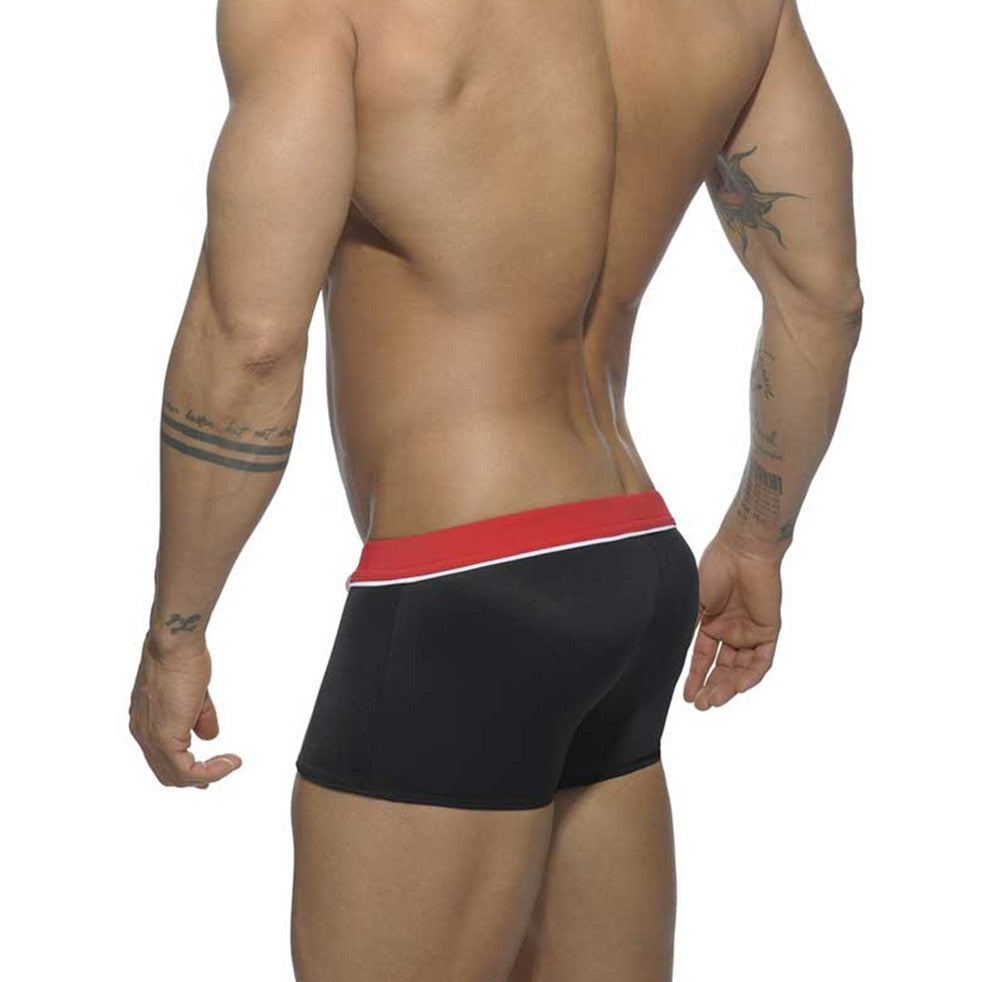 hot gay man in black Gay Swimwear | Men's Square Cut Racing Stripe Swim Trunks - pridevoyageshop.com - gay men’s underwear and swimwear