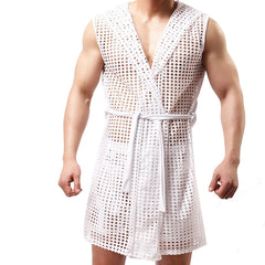 a hot man in white Lord Hooded Mesh Lounge Robe - pridevoyageshop.com - men's pajamas, men's loungewear, men's sleepwear