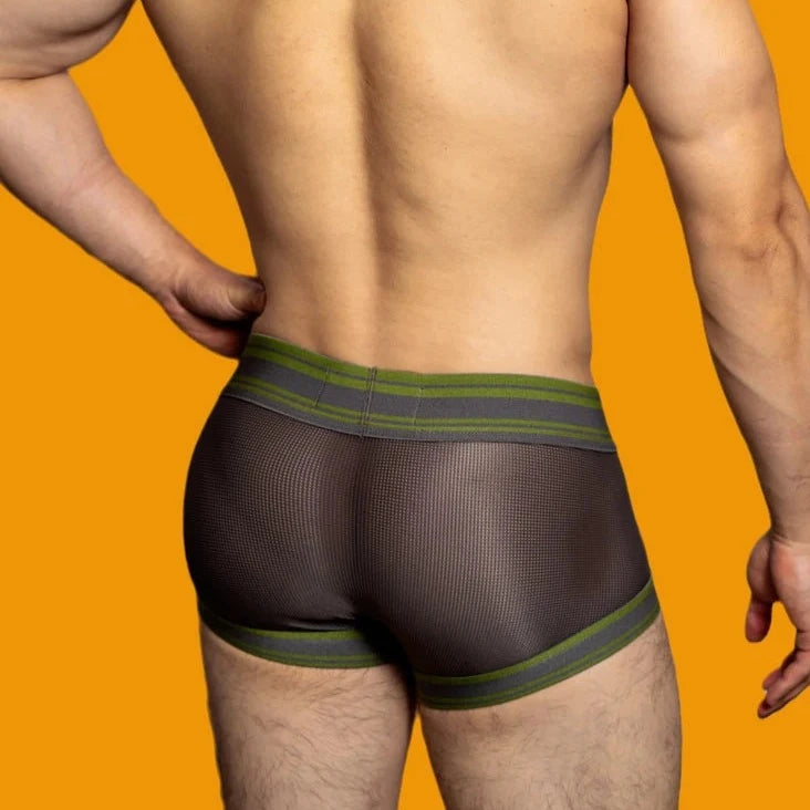 a hot gay man in dark gray DM Men's Mesh Boxer Briefs - pridevoyageshop.com - gay men’s underwear and swimwear