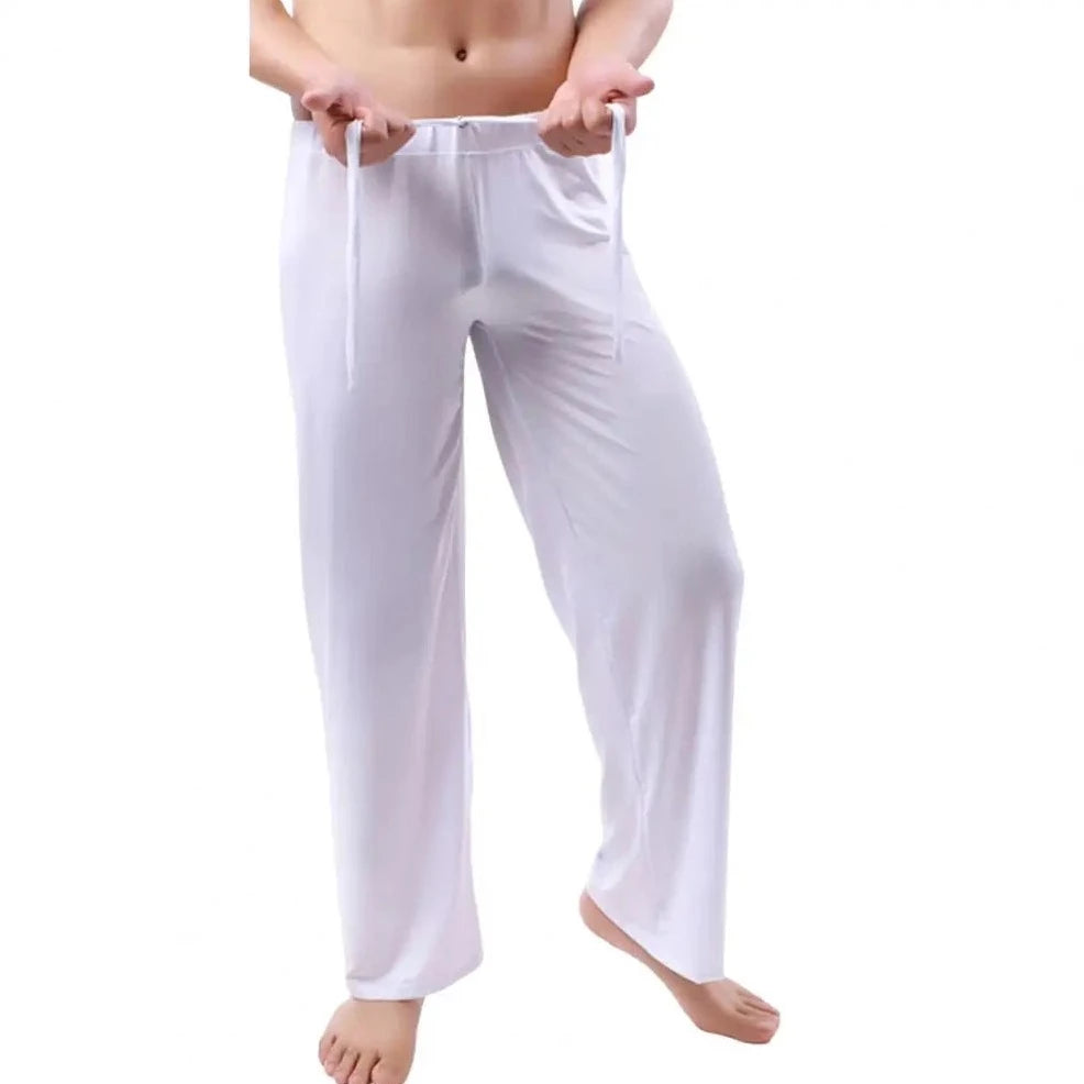 white Men's Drawstring Silky Bell Bottom Sweats & Yoga Pants - pridevoyageshop.com - gay men’s underwear and swimwear